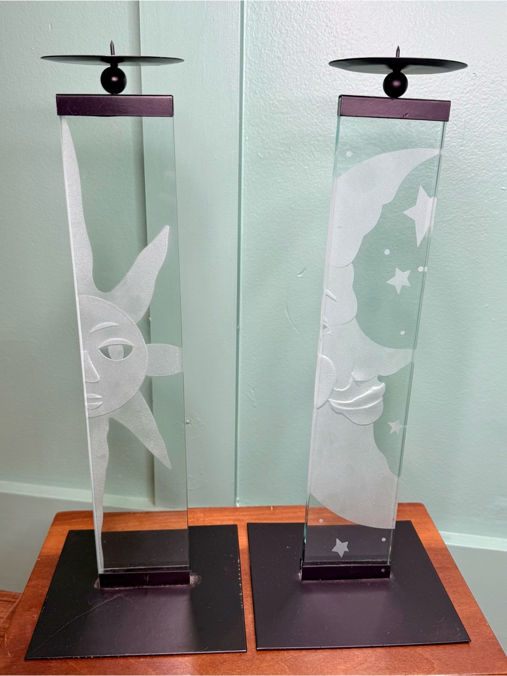 Pair Sun & Moon Face Candle Holders Celestial Whimsigoth Etched Glass & Metal